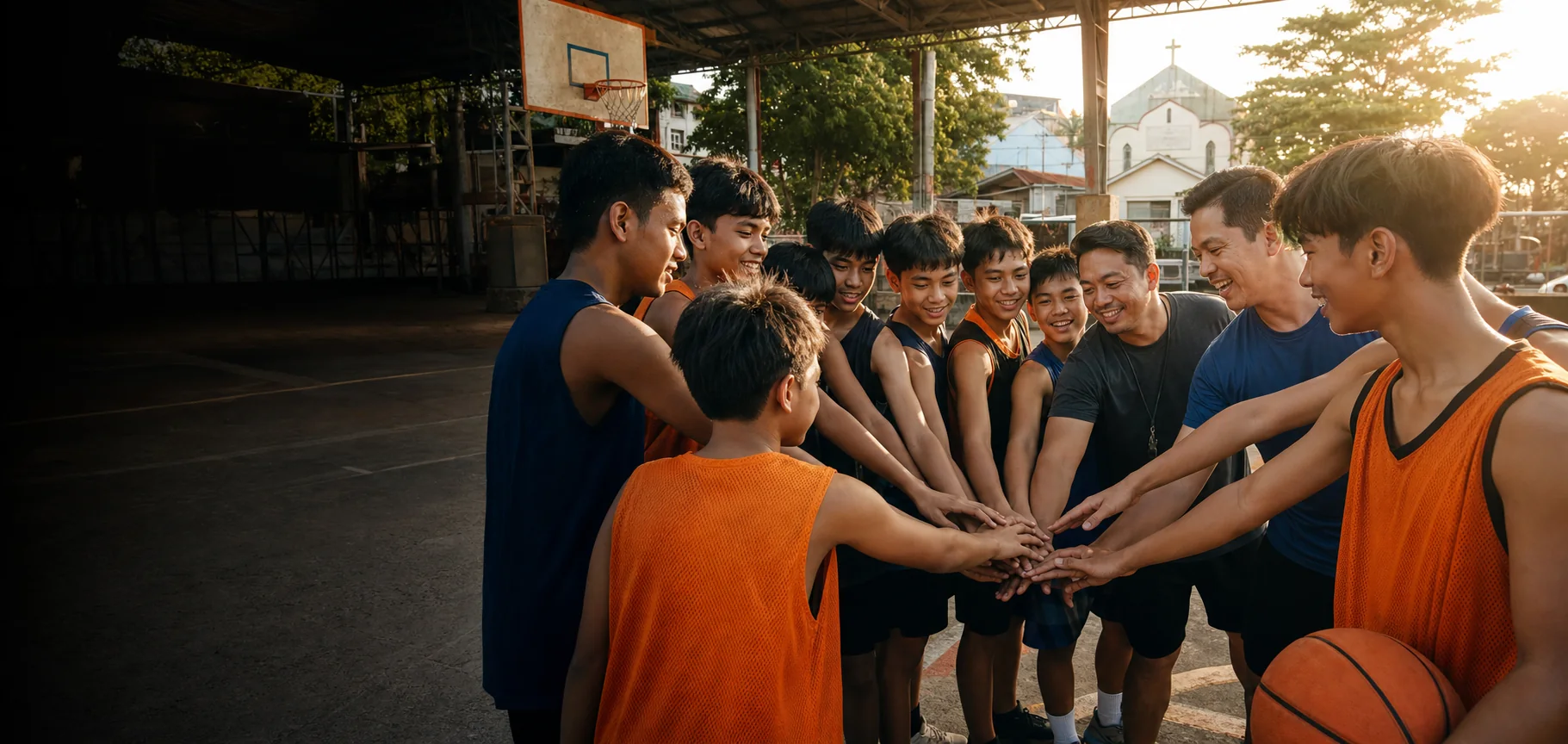 Young Filipino basketball players and coaches joining hands on a community court